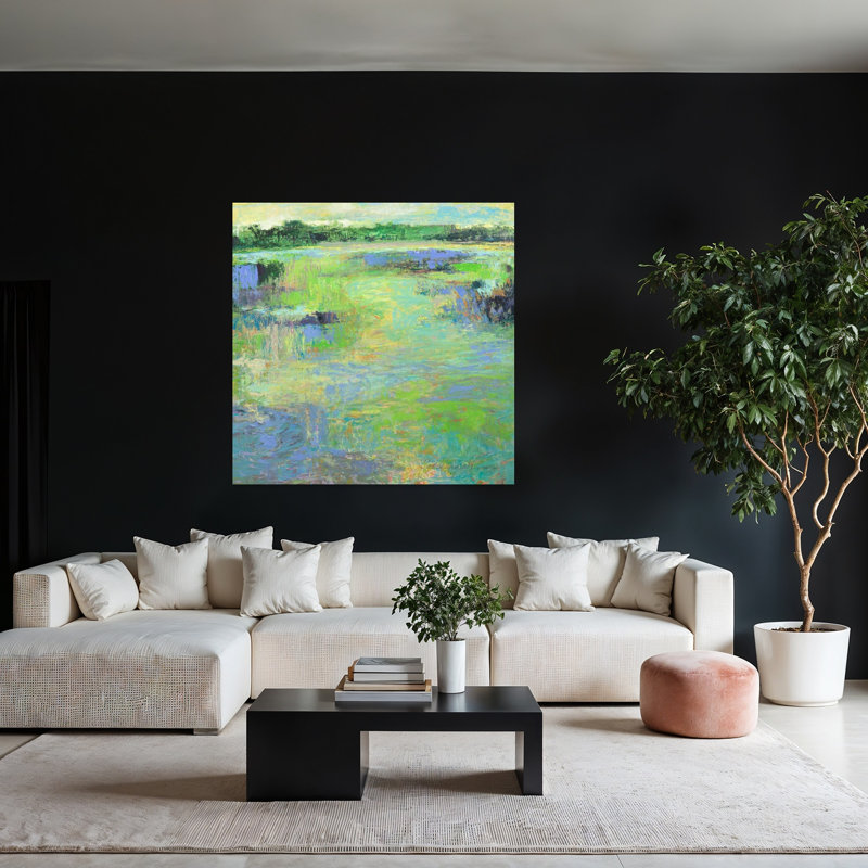 Art contemporain de nature humide avec ciel jaune abstrait, H 48 po x l 48 po