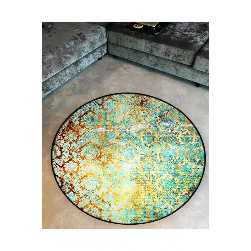 Green Traditional Patterned Round Woven Base Vintage Decorative Carpet, Round 5'