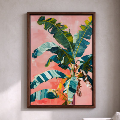 Tropical Banana Leaves, Brown Framed Canvas Wall Art, 16" x 24", Modern Wall Decor for Living Room and Bedroom