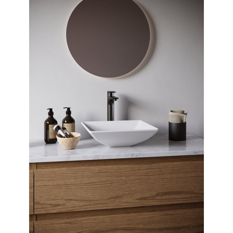 Karran Quattro Matte White Acrylic 16 In. Square Bathroom Vessel Sink With Faucet and Drain, Matte Black, Matte Black