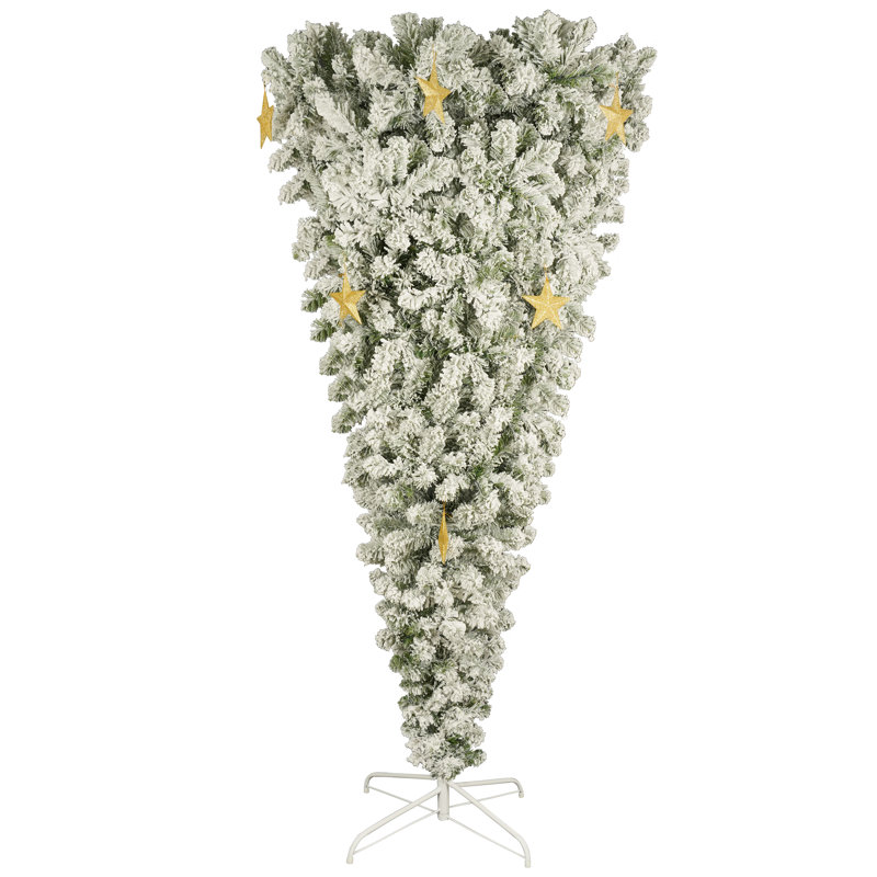6 pi Arbre de Noël à l'envers avec flocage blanc, 360 lumières DEL chaudes et 8 décorations en forme d'étoile dorée