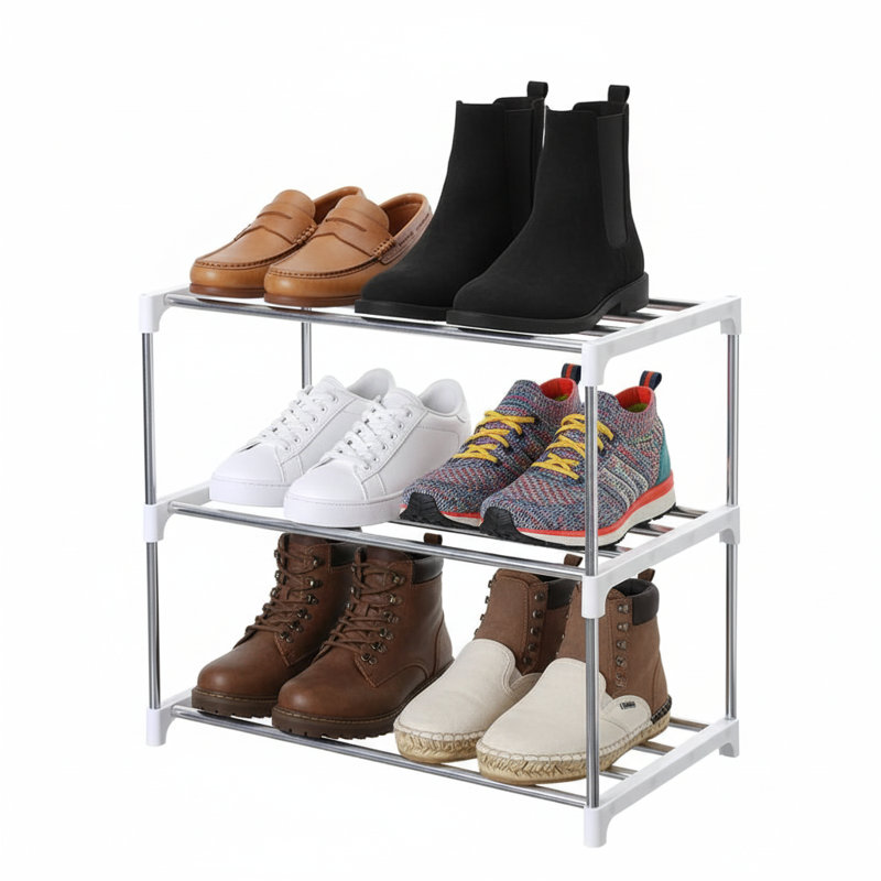 Range-chaussures compact à 3 niveaux, rangement compact pour vestibule et garde-robe, Blanc