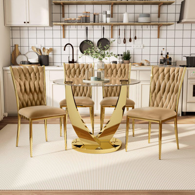 38.9" Round Glass Dining Table Set For 4 People, Tempered Glass Kitchen&Table Set With 4 Velvet Chair, Space Saving