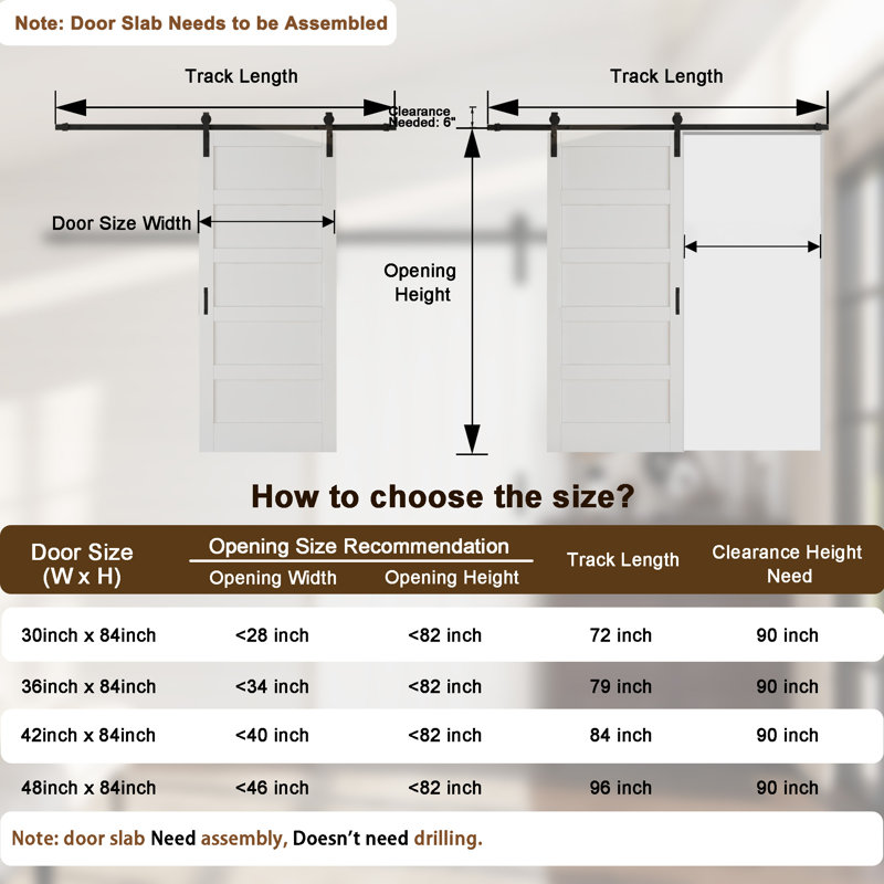 84"H × 36"W 5-Paneled White Solid Manufactured Wood Barn Door with Installation Hardware Kit (Assembly Required), 36" x 84"