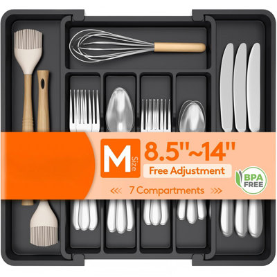 Rangement à couverts extensible, plateau à ustensiles en plastique pour tiroir de cuisine, porte-couverts sans BPA, rangement peu encombrant pour cuillères, couteaux, noir