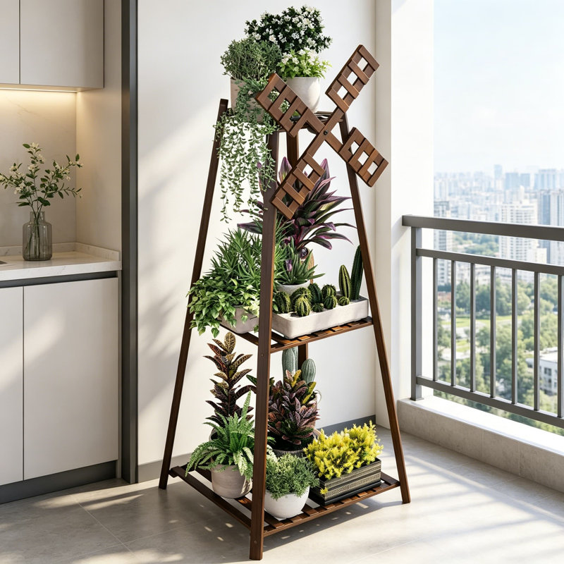 Support pour plante en bambou à 3 niveaux avec dessus de moulin à vent, support de présentation rétro pour jardin intérieur extérieur, patio, décoration de balcon
