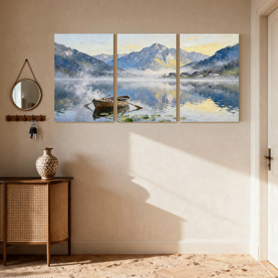 Paysage et paysage urbain, lac de montagne, bateau, réflexion, brume matinale, nénuphars, ensemble de 3 impressions sur toile