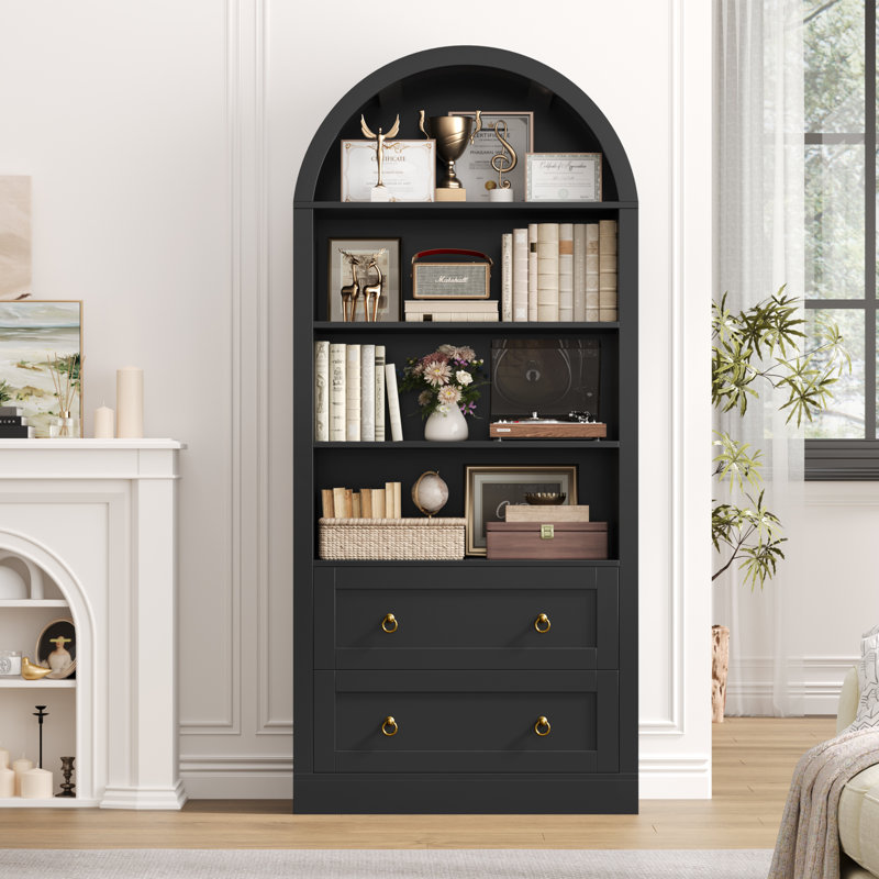69.7"H Arched Bookcase With 2 Drawers, Black
