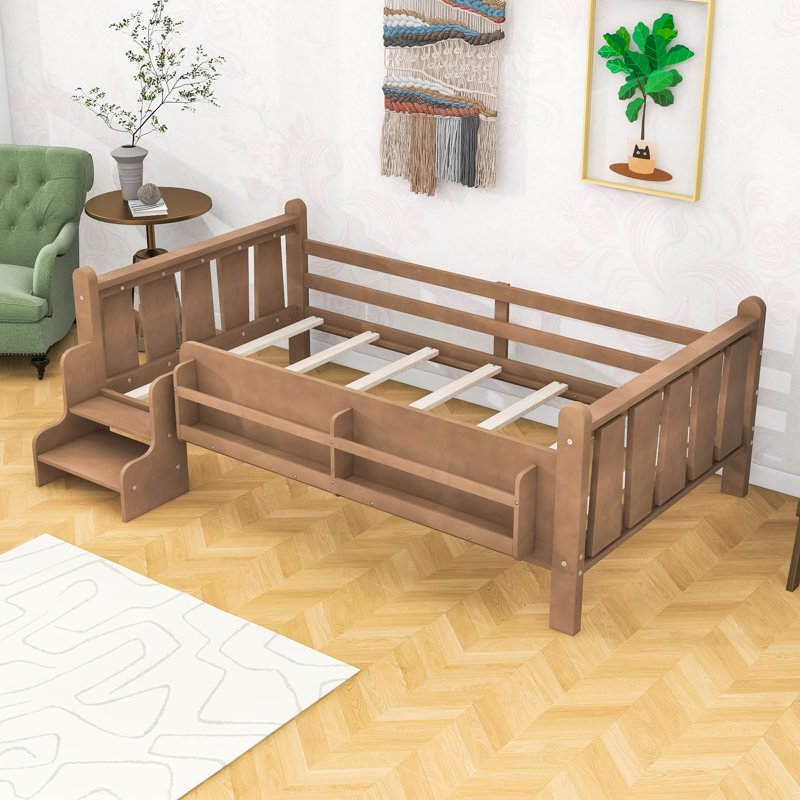Floor Bed with Storage Bookcases and Guardrails, Natural, Twin