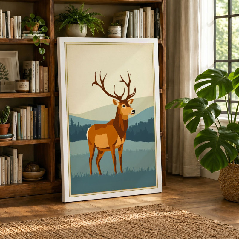 Mountain Deer Art Deco 1 Piece Wrapped Canvas Wall Art, 18x12 - 45.7 x 30.5 cm, Taupe Border