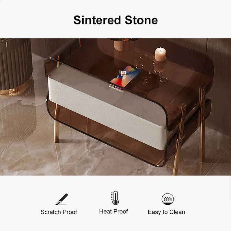 Modern Lighted Brown Nightstand With Wireless Charging Station Acrylic Bedside Table