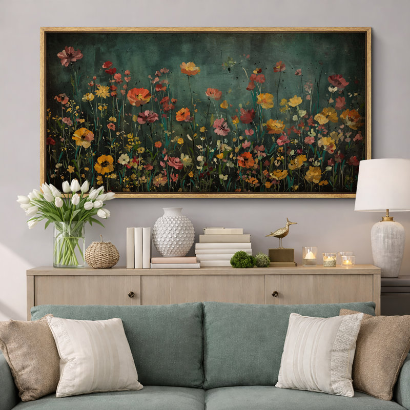 Moody Green Wildflower Florals Modern Decor, très grandes photos, impression sur toile encadrée, H 30 po x l 60 po, Naturel