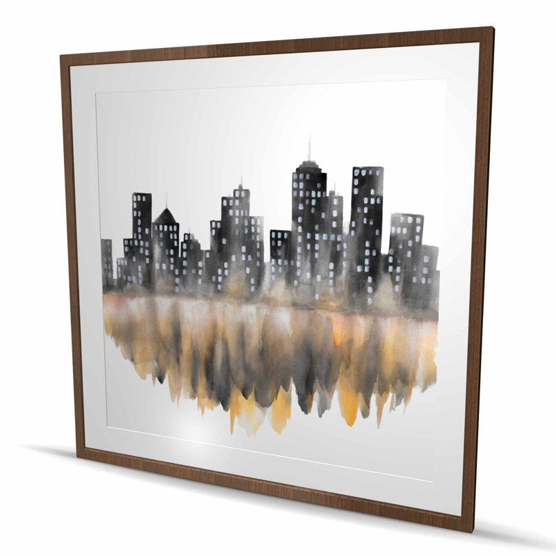 Reproduction de paysage urbain aquarelle jaune - décor encadré mat