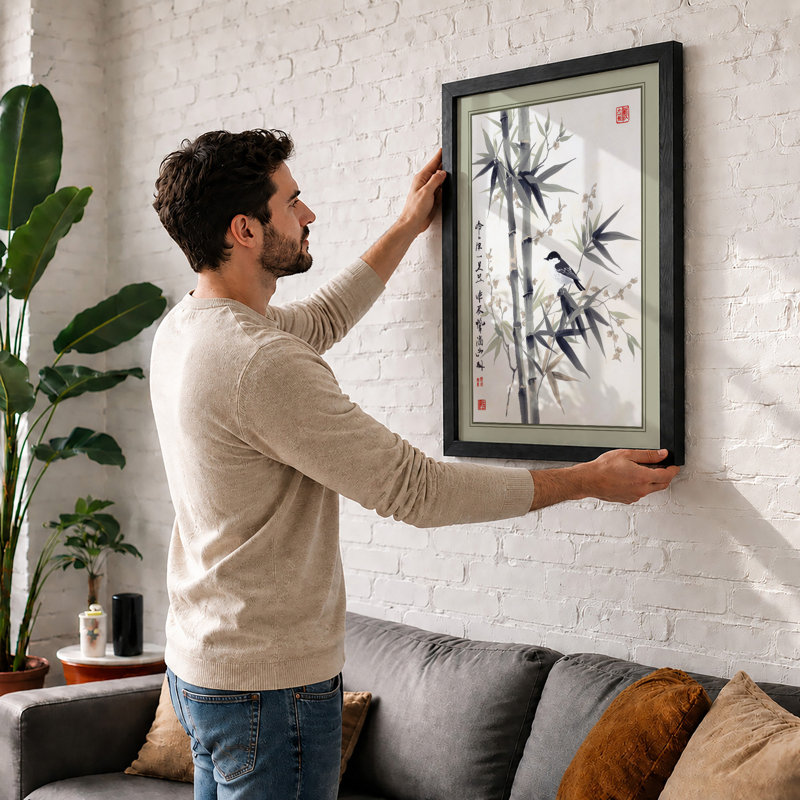 Birds Among Bamboo Japandi - Framed Print, A3 - 42.0 x 29.7 cm, White