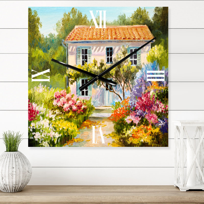 Horloge murale Petite maison sur la montagne avec fleurs II, Très grand