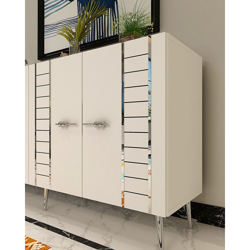 Console moderne, blanc et argent, panneau de particules recouvert de mélamine à 100%, épaisseur: 0,7 pouce | Fixation murale, tablettes multiples, conception géométrique élégante pour la maison et le bureau