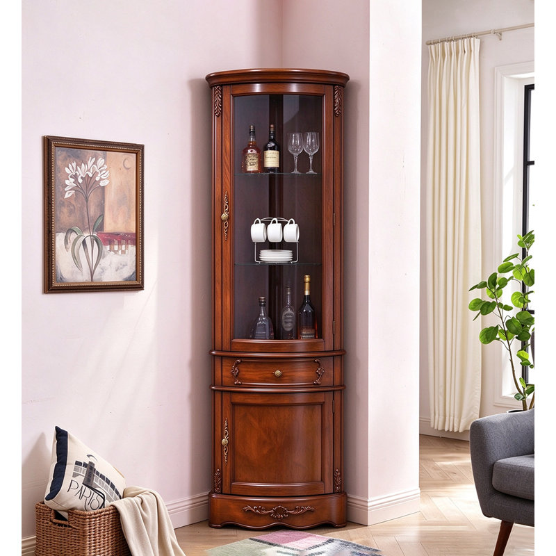 Armoire à vin de coin sculptée à la main avec tablettes réglables, Cherry