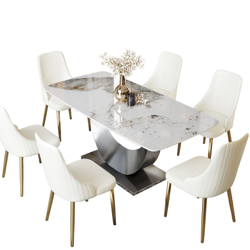 Ensemble de table de salle à manger 7 pièces, Marbre blanc