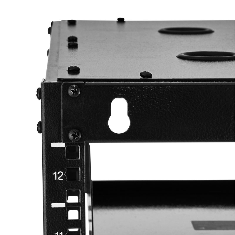 Support réseau 12U à cadre ouvert, profondeur de 23 po, tablettes ventilées sur pied, quincaillerie de fixation, adaptable au matériel audiovisuel, espaces serrés fixés au mur ou debout, fabrication de haute qualité, idéale pour la vente au détail
