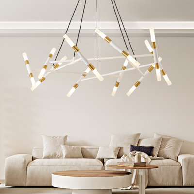 41" White & Golden Modern Chandelier Light Fixture, Branch Design With Frosted Tubes, Black Cords, Adjustable Height Pendant Light For Dining Room, Living Room, Or Kitchen Island (Bulb Not Included)