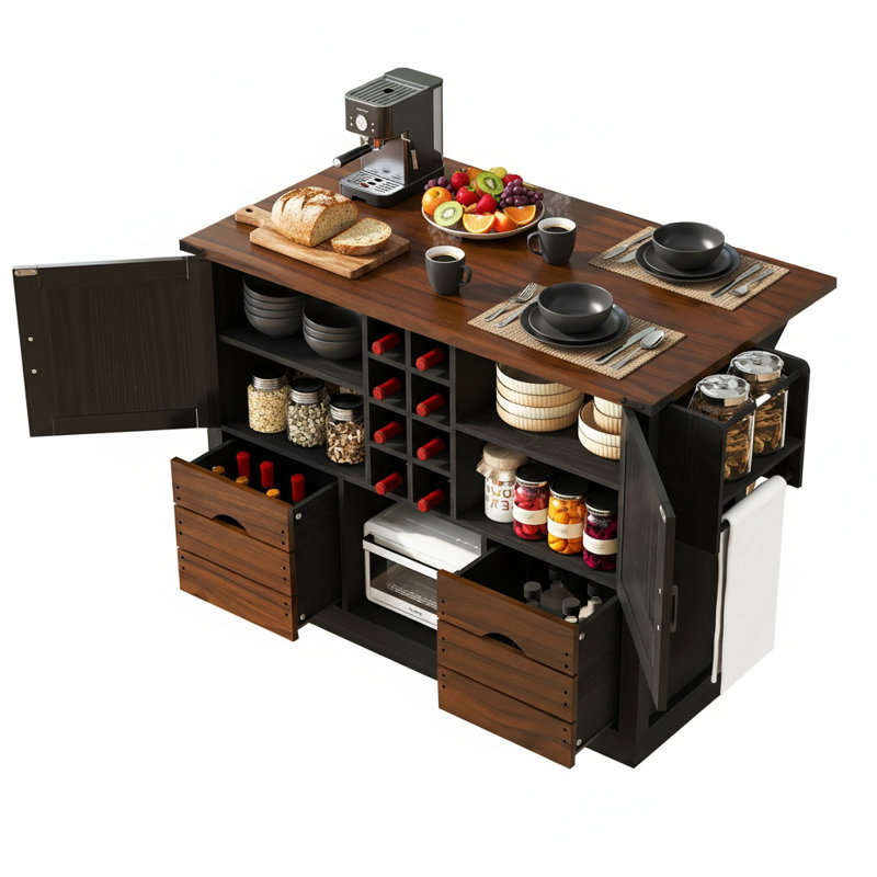 Îlot de cuisine avec prise et abattant, chariot à roulettes de style campagne moderne avec porte de grange et support à vin