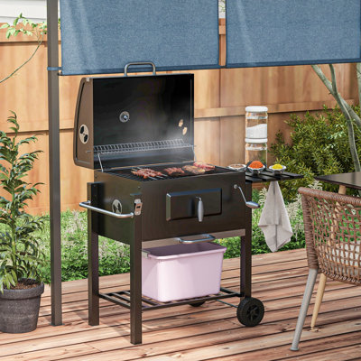 Barbecue au charbon de bois, cuiseur portatif extérieur pour les événements de camping et de jardin. 21,75 po x 16,5 po, surface de cuisson, table d'appoint, tablette de rangement, roulettes, poignée, noir. Des détails bien pensés pour mieux cuisiner