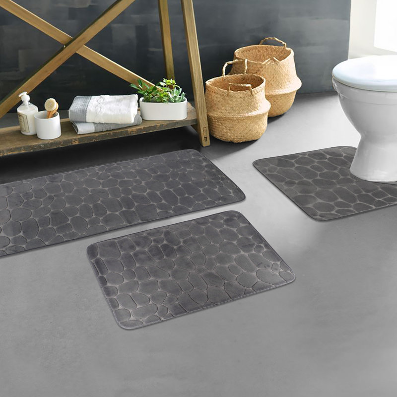 Memory Foam Bathroom Rugs Set 3 Piece Pebble Stone, Gray