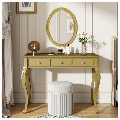 Coiffeuse à finition dorée avec miroir ovale et console de rangement à 3 tiroirs pour chambre à coucher