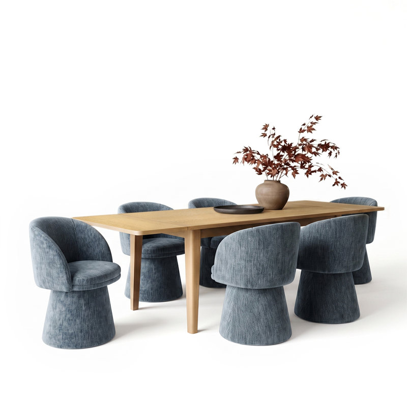 Ensemble de table de salle à manger extensible avec table en placage de bois véritable et chaises pivotantes rembourrées à 360 °