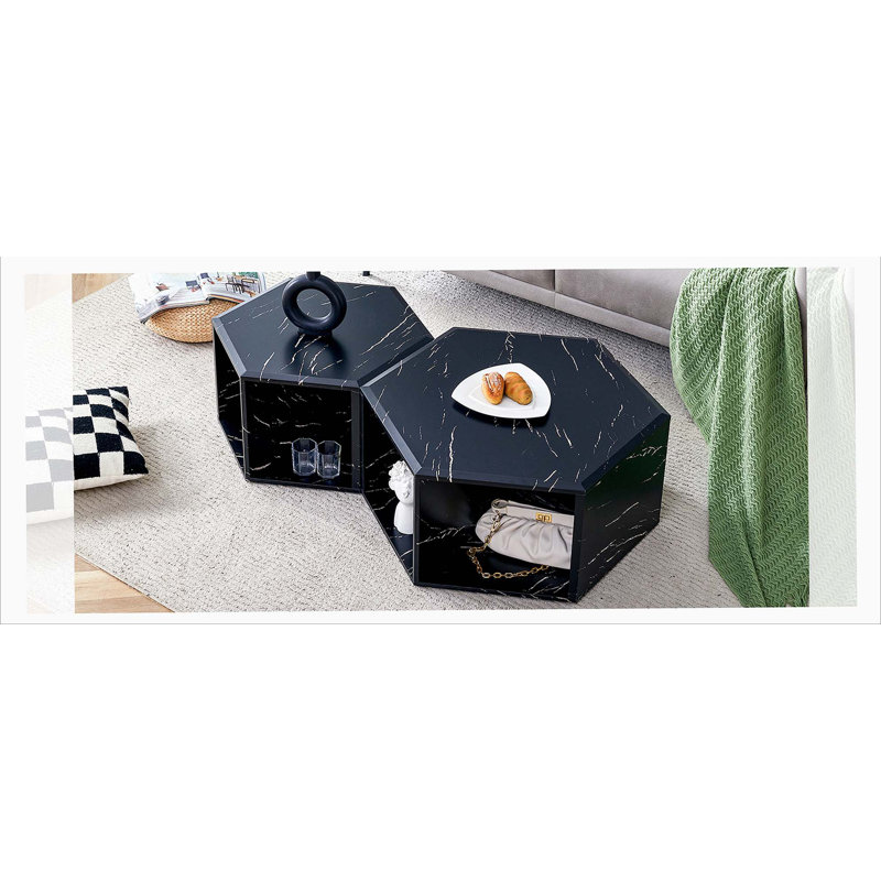 Minimalist white patterns hexagonal Coffee Table Set.Hexagonal MDF coffee table, Black
