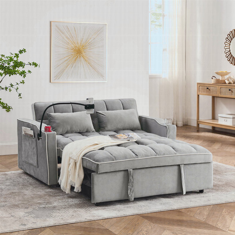 55,51 po. Canapé-lit pliable polyvalent, canapé-lit moderne en velours, dossier réglable et port USB, Gris