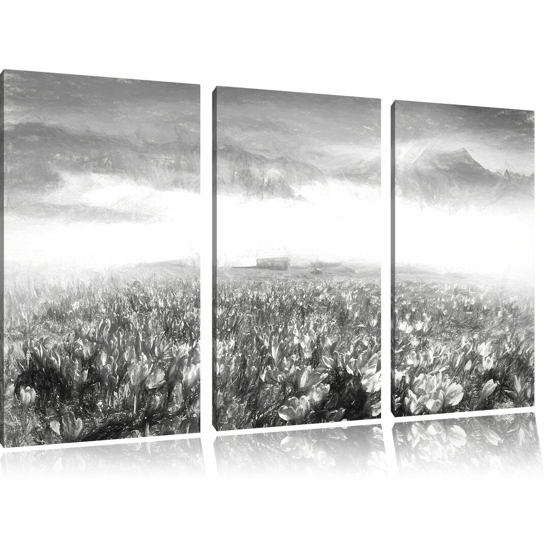 3-tlg. Leinwandbild-Set „Nebliger Sonnenaufgang in den Karpaten“, Kunstdruck