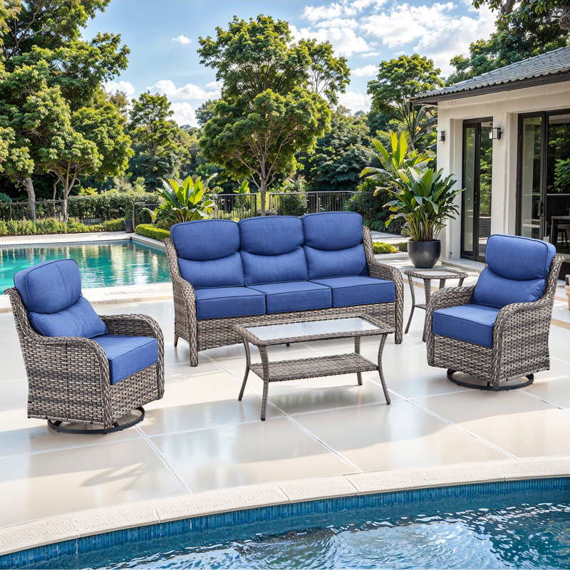  5-Piece Patio Furniture Set With Swivel Glider Chairs, 6-Inch Ultra-Plush Cushions & Water-Resistant Olefin Fabric, Blue