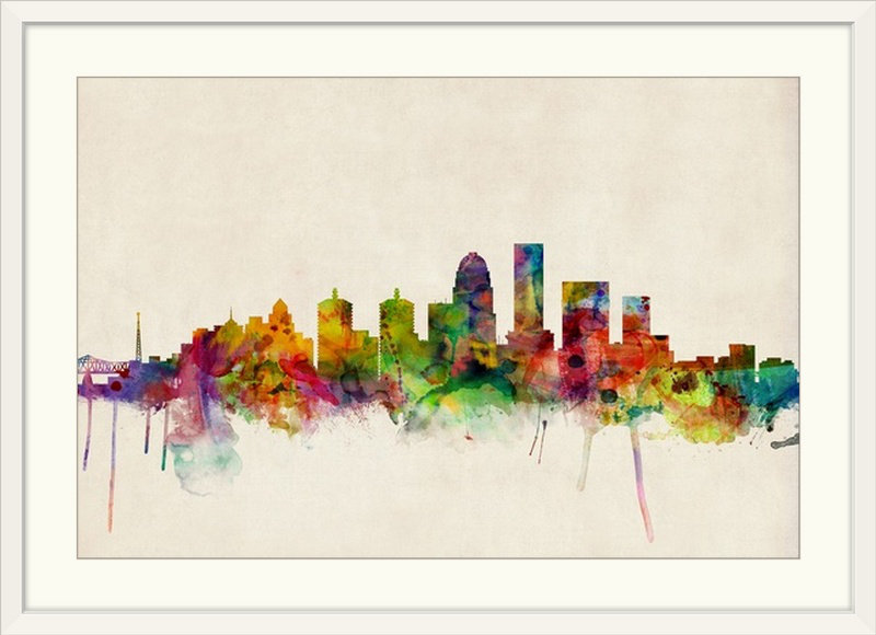 «Louisville Kentucky City Skyline» par Francy, impression, H 32 po x l 44 po x P 1 po, Cadre blanc