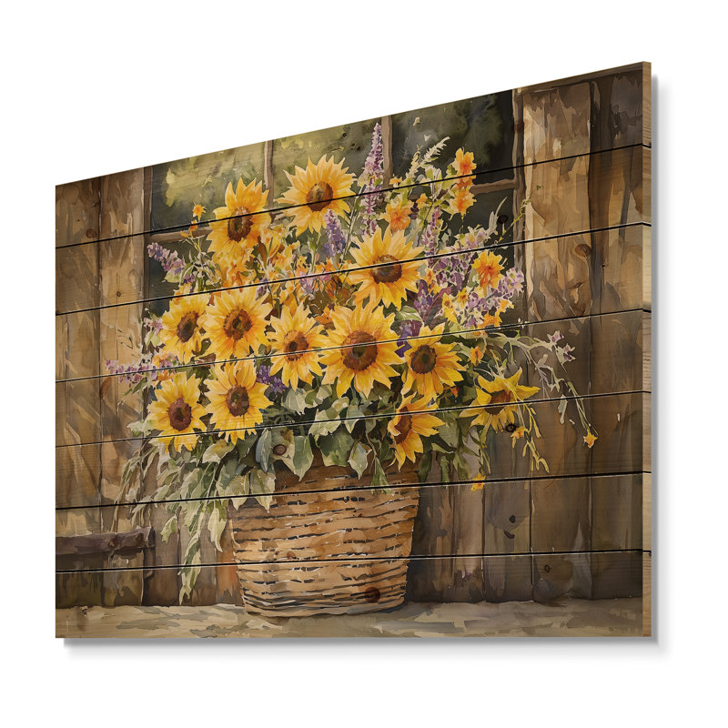 Bouquet de brise d'été à la grange - Art mural en bois tournesols - sur bois de pin naturel, H 30 po x l 40 po x P 0,78 po