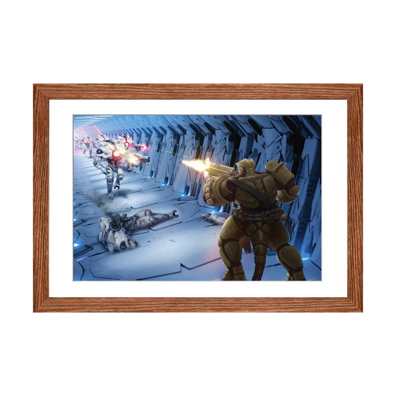 «Obozaya Gunning Down Robots», reproduction d'art mural, papier d'art encadré, H 16 po x l 24 po, Brun