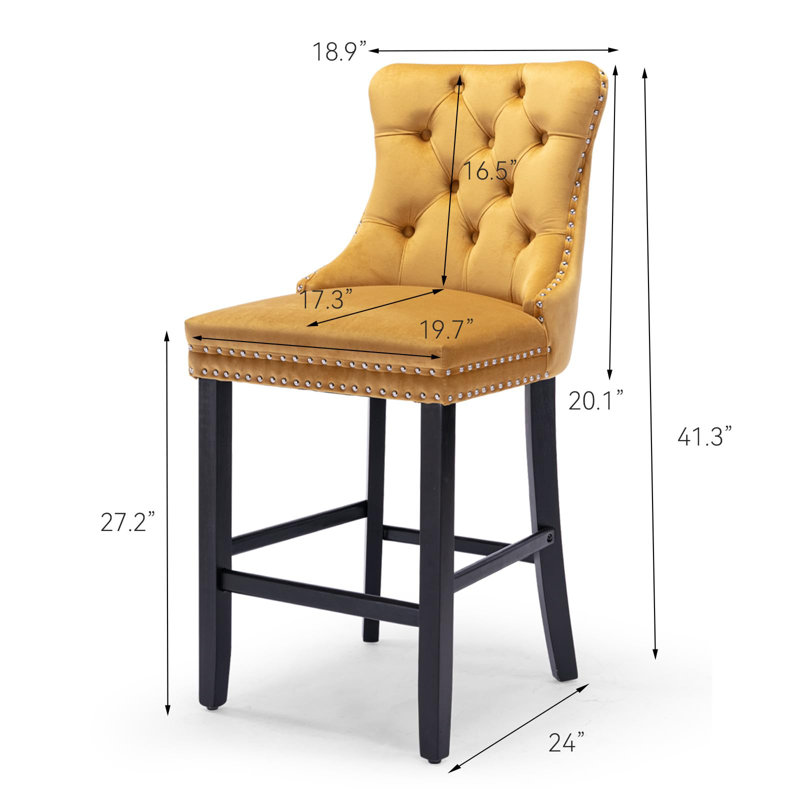 Tabouret de bar rembourré en velours avec dossier capitonné, Jaune, Noir, 4