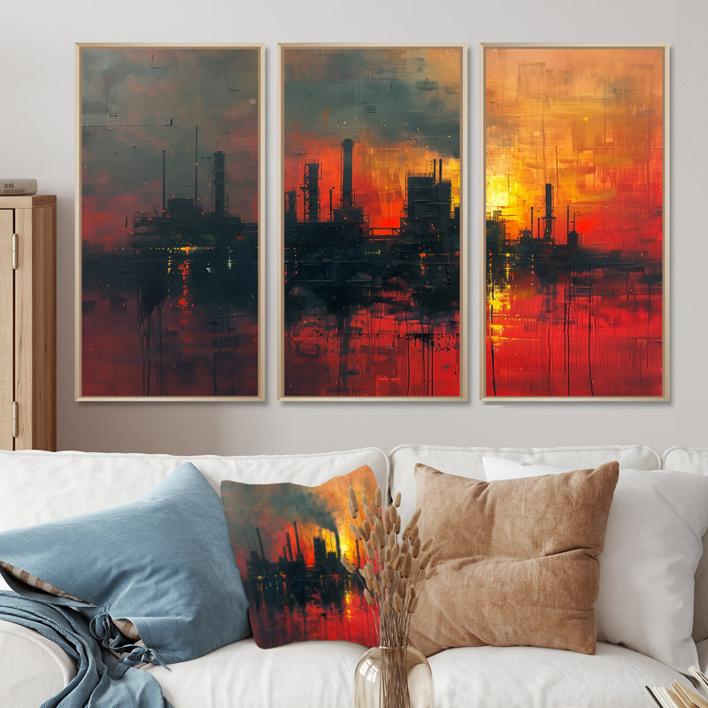 Jaune, rouge, production, Power Factories II - ensemble de reproductions d'art mural, Toile argentée avec cadre flottant