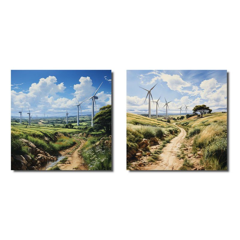 "Dessin d'une éolienne" - 2 pièces, H 16 po x l 33 po, Toile tendue