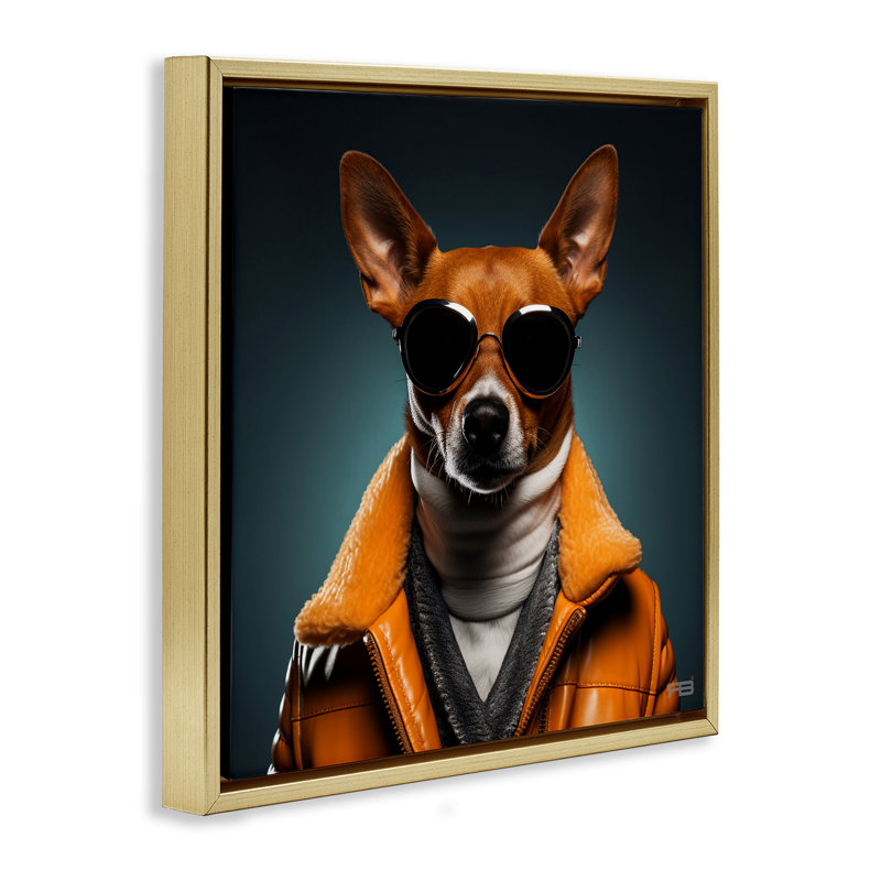 Élégant chien avec lunettes de soleil encadrées dorées sur toile flottante par Roozbeh Bahramali, H 18 po x l 18 po