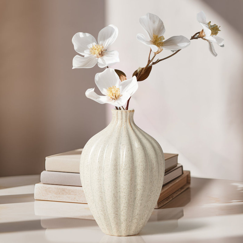 6" White Ceramic Reactive Glaze Ribbed Gourd Vase, 6 inch, White