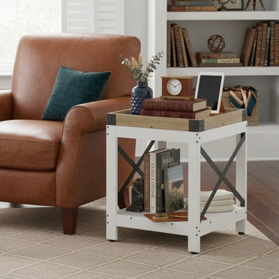 17.7" Industrial Farmhouse Side Table With X-Frame - Square End Table With Storage Shelf - Secure Tray Top Nightstand For Small Spaces - Black