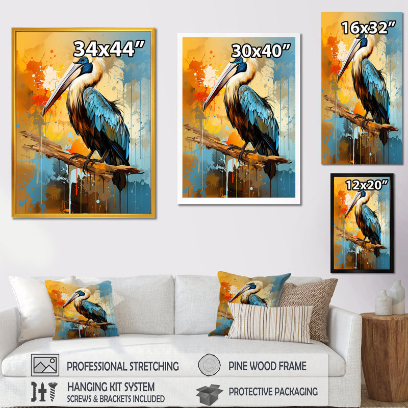 Élégance de pélican à plumes - art mural pélican, Cadre flottant doré, H 44 po x l 34 po x P 1,5 po