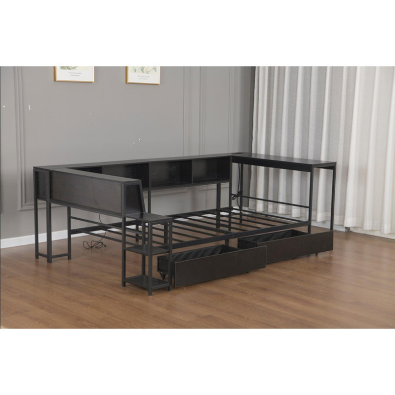 Corner Bed Frame Full Size with Bookcase and 2 Underbed Storage Drawers, Modern Bed with LED Light and Charging Station, Left and right interchangeable