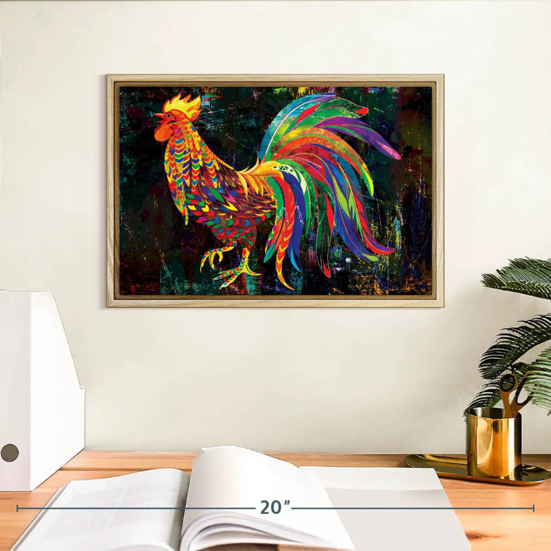 Coq abstrait multicolore, Cadre flottant en bois naturel, 13 po x 9 po