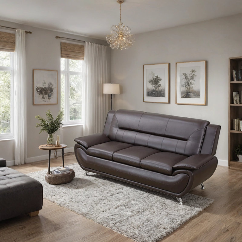 79'' Faux Leather Minimalist Sofa, Brown, 36" H x 79" W x 35.5" D