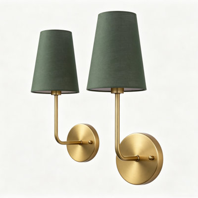 Fortney 2 - Light Dimmable Indoor Brass Wall Sconce With Green Fabric Shade (Set of 2)