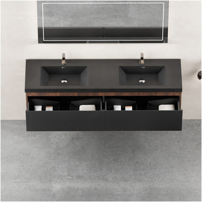 Meuble-lavabo flottant 72 po avec lavabo, meuble-lavabo mural rayé avec tiroir à fermeture en douceur et double cuve à quartz 72 po, entièrement assemblé, noyer fumé 24V16-72WAB-W1920P385469