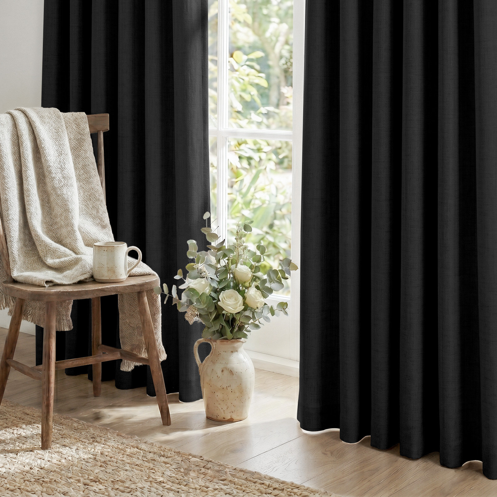 Graciella Faux Linen Blackout Curtain Set, Black, 42" W x 45" L
