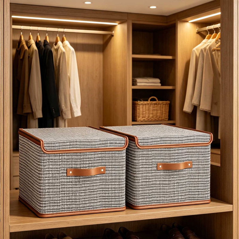 2 PCS Storage Bins with Lids, Collapsible Closet Organizer Container, Fabric Organizer Box with Handles, Decorative Storage Boxes with Lids for Organizing Clothes, Books, File,